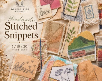 May include: A collection of handmade stitched snippets. The image shows fabric pieces with stamped designs, including botanical illustrations, hearts, and the words "love," "blessed," and "balance." The pieces are in neutral tones with decorative stitching.