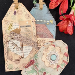 Asian-Inspired Journal Tags: Handmade Stitched Junk Journal Embellishments