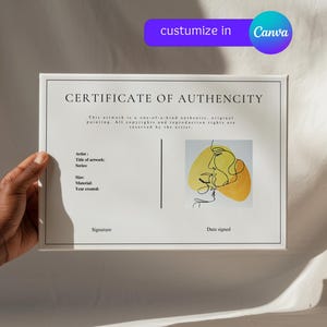 Certificate of Authenticity for art, editable artist certificate of authenticity template in Canva, printable COA, Rozy Art Modern