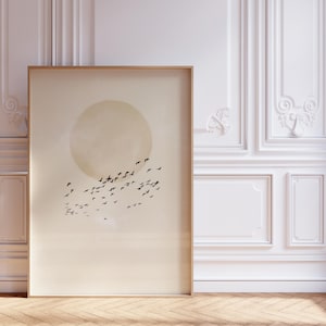 Minimales Mondlicht: Vögel im Flug – Japandi Digitale Wandkunst