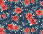 HEDGE ROSE - Main Rose in NAVY - Riley Blake - Penny Rose - Large Scale Floral - Red Roses - Reproduction - Floral Fabric - Choose Your Cut