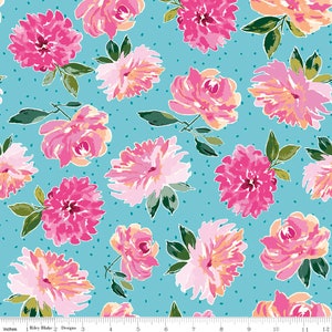 Watercolor Floral Fabric - AQUA LUCY JUNE flowers by Lila Tueller for Riley Blake - Pink Floral Quilting 100% Cotton - By The Yard Fabric