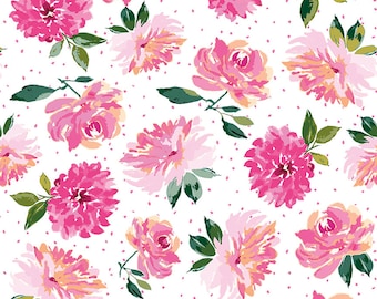 Watercolor Floral Fabric - White LUCY JUNE flowers by Lila Tueller for Riley Blake - Pink Floral Quilting 100% Cotton - By The Yard Fabric