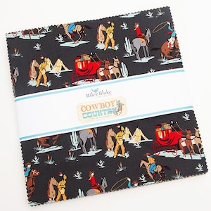 May include: A stack of fabric squares with a repeating cowboy-themed pattern. The design features cowboys, horses, stagecoaches, and teepees in shades of red, yellow, brown, and blue on a black background. The text "COWBOY COUNTRY" is visible.