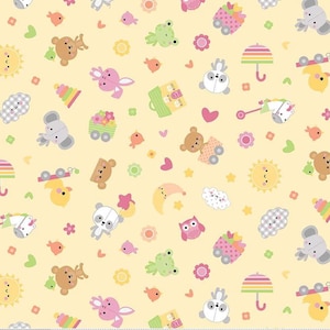 May include: A repeating pattern of whimsical baby-themed illustrations on a pale yellow background. The design includes teddy bears, bunnies, pandas, flowers, suns, clouds, and other cute elements in pastel colors.