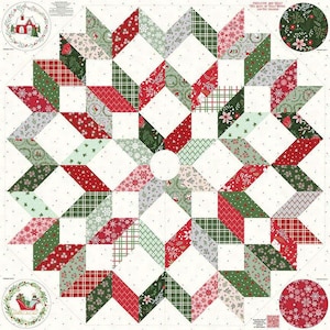 May include: A Christmas-themed fabric panel with a starburst design. The panel features red, green, and white patterned fabric pieces, including snowflakes, plaid, and floral prints. Circular designs with holiday motifs are in the corners.
