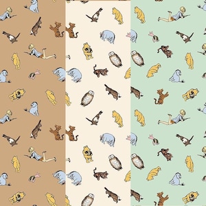 May include: A repeating pattern featuring Winnie the Pooh characters on three different colored backgrounds: tan, cream, and light green. The illustrations include Pooh, Piglet, Tigger, Eeyore, Owl, and Christopher Robin.