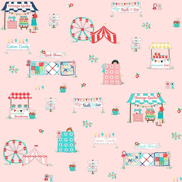 Riley Blake - QUILT FAIR Main Pink by Tasha Noel - Fair Vignettes - Little Girls - Summer - 100% Cotton Quilting Fabric