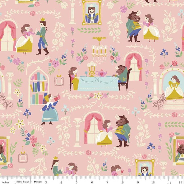 BELLE Beauty & the Beast main PINK - Riley Blake Jill Howarth - Storybook Fabric - Fairy Tale Fabric 100% Cotton Quilting Fabric By The Yard