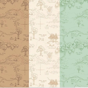 May include: Three panels of fabric featuring a map design in shades of brown, cream, and green. The map includes illustrations of trees, houses, and text such as "100 Aker Wood" and "Pooh Bears House".
