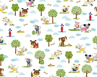Puppy Dog Fabric: Riley Blake Cooper White Cotton Quilting Fabric