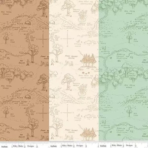 May include: Fabric with a map design in three color blocks: tan, cream, and mint green. The map features illustrations of trees, houses, and text including "100 Aker Wood" and "My House". The fabric is marked with inch measurements.