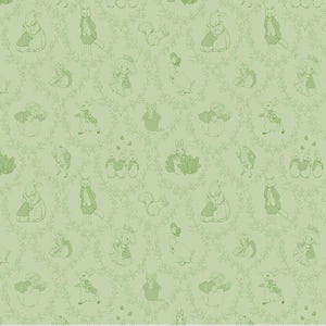 May include: Light green fabric with a repeating pattern of sketched animals and floral vines. The illustrations include rabbits, foxes, squirrels, and ducks, creating a whimsical, storybook aesthetic. The design is suitable for children's apparel or nursery decor.
