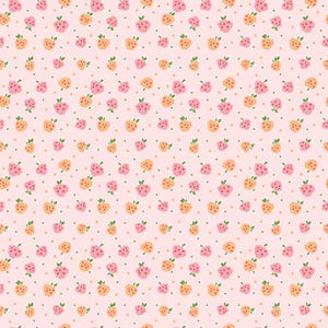 May include: A repeating pattern on a light pink background featuring small, stylized raspberries in shades of pink and orange, each with a tiny green leaf, interspersed with small dark green dots arranged in a grid-like layout across the surface.