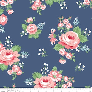Riley Blake Notting Hill Floral Cotton Fabric: Pink Roses on Denim