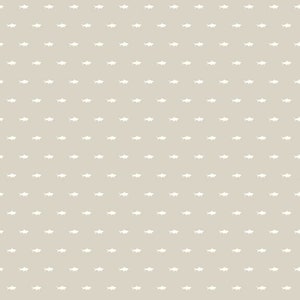 May include: A seamless pattern featuring a repeating design of white shark silhouettes on a light beige background.