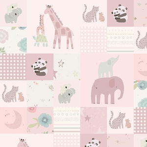 May include: A patchwork pattern featuring various pastel-colored animal illustrations, including giraffes, pandas, koalas, and elephants. The design incorporates stars, flowers, and checkered patterns on a pink background, creating a whimsical aesthetic.