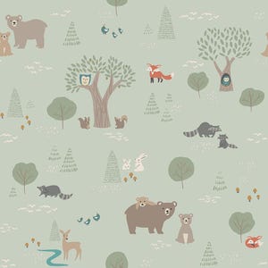 May include: A whimsical woodland pattern featuring a variety of animals, including bears, foxes, raccoons, rabbits, and owls. The pattern is set against a light green background and includes trees, leaves, and other woodland elements.
