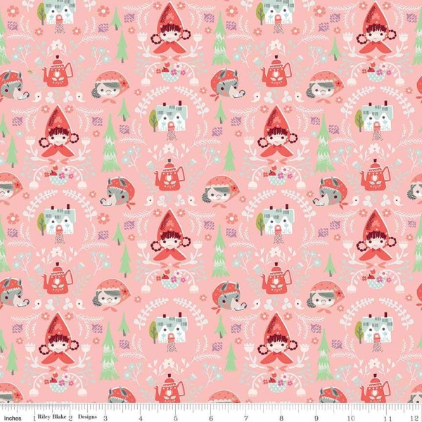 Little Red Riding Hood - Riley Blake - LITTLE RED In The Woods PINK Damask - Nursery Rhyme Fabric - Cotton Quilting Fabric - Choose Your Cut