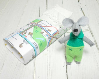 Mouse in a matchbox stuffed animal birthday kids gift felt mouse miniature animal london map aqua green woodland animals