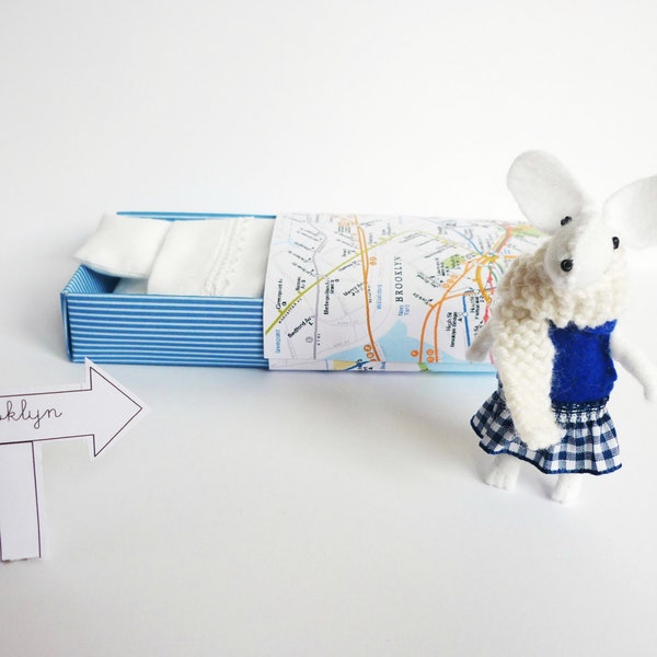 White blue felt plush mouse in Brooklyn  map matchbox bed