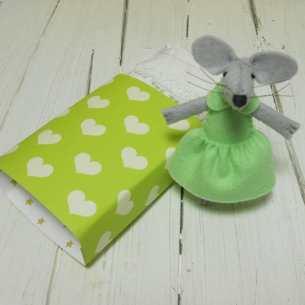 Tiny mouse plush in a matchbox tiny bed doll felted miniature felt animals soft sculpture stuffed plush hearts lime mint green minnie mouse