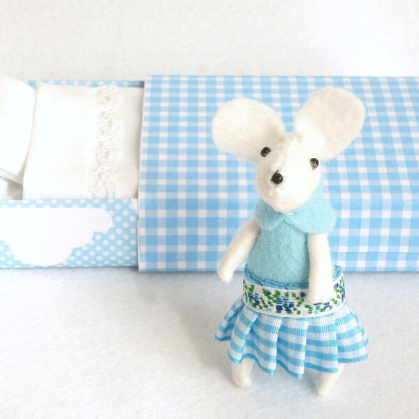 White mouse felt plush in matchbox bed gingham blue