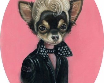 Travoltina, Chihuahua, Travolta, Whimsical, Dog Art, Dog Portrait, Paper Print, Pink, Leather Jacket, Cute, Funny, Art by Ilona Cutts