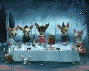 Secret Tea Party, Paper Print, Chihuahuas, Tea Party, The Enchanting World, Alice in Wonderland, Magical Surrealism by Ilona Cutts