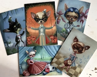 Chi Creatures Collection, 5 Greeting Cards and Envelopes, Chihuahuas, Cardstock, Pet Portrait, Dog Art, Magical Surrealism by Ilona Cutts