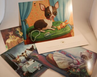 Secret Tea Party Collection, 5 Greeting Cards and Envelopes, Chihuahuas, Magical Surrealism by Ilona Cutts