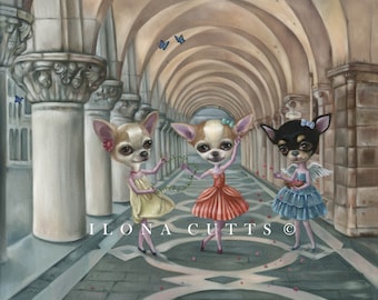 Dolce Vita, Print on Paper, Pet Portrait, Limited Edition, Giclee, Chihuahuas, Ballgowns, Dancing, Italy, Magical Surrealism by Ilona Cutts