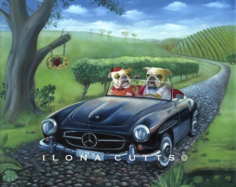 Love Story, Bulldogs, Bulldog Art, Winery, Dog Art, Valentine, Wine, Vintage cars, Art by Ilona Cutts