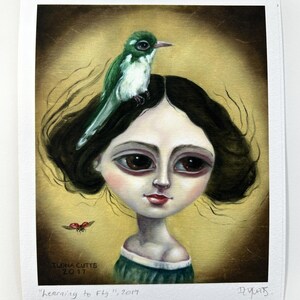 Learning to fly, Paper Print, Giclée, Surreal, Pop Surrealism, Lowbrow, Quirky art, Big eyes, butterfly,magical,ethereal, Art by Ilona Cutts