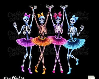 Szkielety baletowe na Halloween PNG: Neonowe tańczące szkielety (pobieranie cyfrowe)