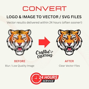 May include: An image showing the conversion of a blurry tiger logo to a clear vector file. The text reads "CONVERT LOGO & IMAGE TO VECTOR / SVG FILES" with "24 HOURS SERVICE" displayed. The before image is blurred, and the after image is clear.