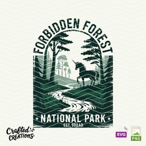 May include: A green and white graphic design featuring a unicorn in a forest scene. The text reads "Forbidden Forest National Park, Est. 990 AD." The design includes a winding river and stylized trees.