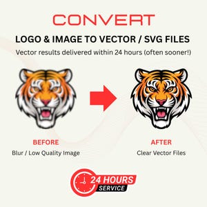 May include: Image showing the conversion of a blurry tiger logo to a clear vector file. The text reads "CONVERT LOGO & IMAGE TO VECTOR / SVG FILES" with "BEFORE" and "AFTER" examples. A red arrow indicates the transformation. The image also includes a "24 HOURS SERVICE" badge.