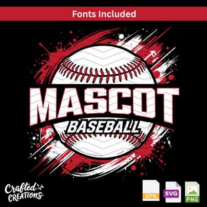 Pode incluir: Design gráfico com tema de beisebol com uma bola branca com costuras vermelhas, a palavra "MASCOT" em letras brancas e "BASEBALL" abaixo. Salpicos de tinta vermelha e listras brancas acentuam o design em um fundo preto.