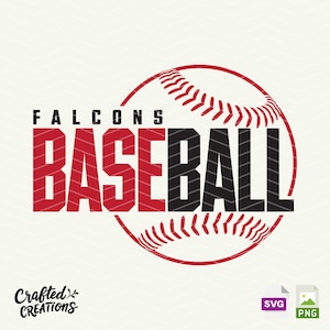Puede incluir: Diseño gráfico con la palabra "BASEBALL" en rojo y negro, con "FALCONS" encima, sobre un contorno de béisbol rojo. El diseño incluye el texto "Crafted Creations" e iconos de tipo de archivo SVG/PNG.