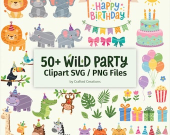 Può includere: Una collezione di illustrazioni colorate in stile cartone animato per una festa di compleanno a tema animali selvatici. Include leoni, rinoceronti, elefanti, una giraffa, una zebra, un ippopotamo, una tigre e altro, tutti con cappelli da festa. L'immagine presenta anche una torta di compleanno, palloncini e confezioni regalo.