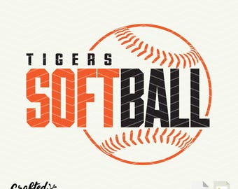 May include: A softball design in orange and black, featuring the word "SOFTBALL" in large block letters, with "TIGERS" above. The design includes a softball graphic and the words "Crafted Creations".