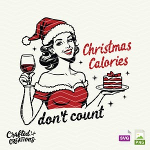 Retro Girl Christmas PNG SVG, Las calorías navideñas no cuentan, Vintage Retro Sassy Christmas Girl, Archivo de sublimación de bolso de mano, Archivo de corte Cricut