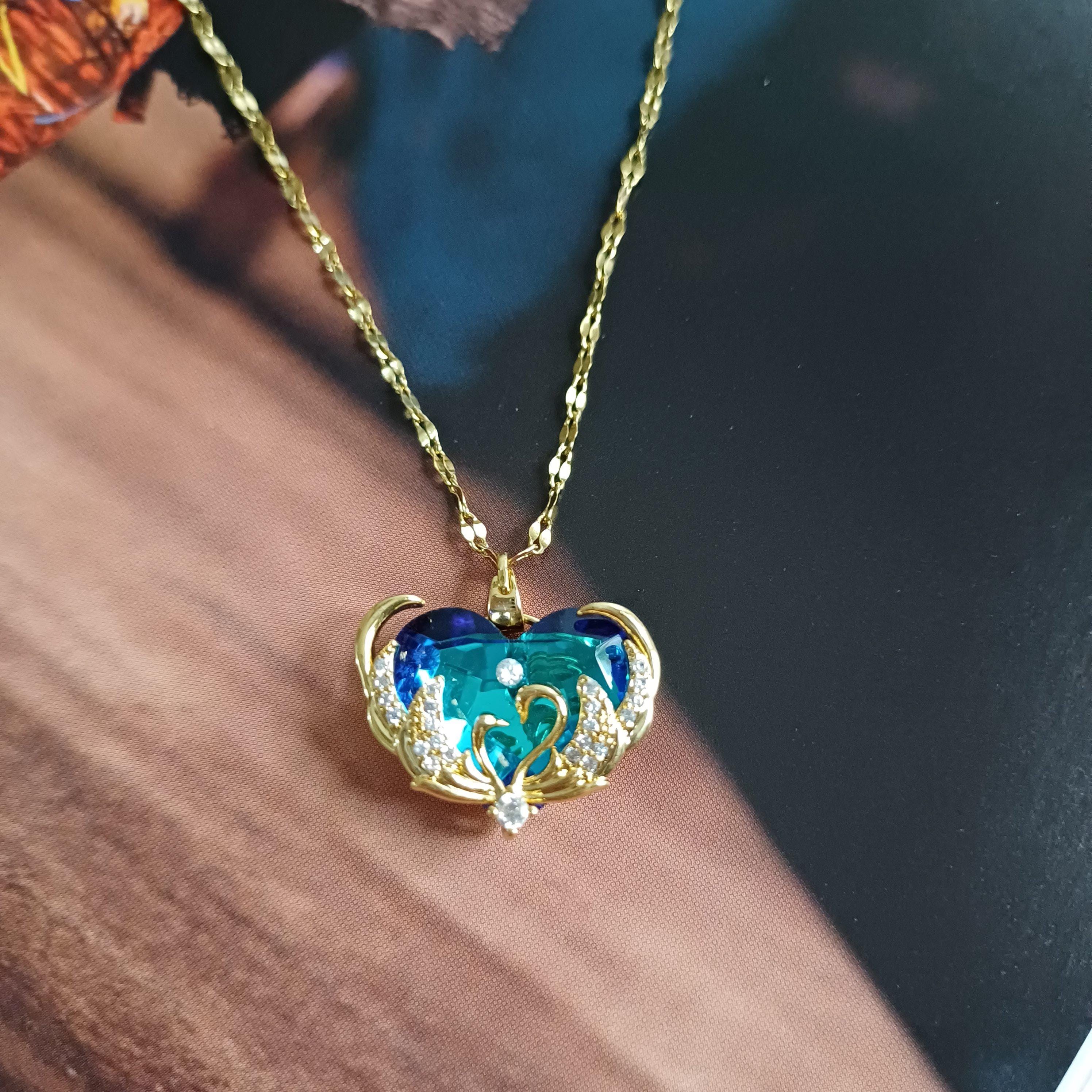 Swan Heart Necklace: Blue Crystal Zircon Stone, Gold Plated