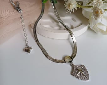 Silver- Tone Star Motif Shield Necklace, Shimmering Star Charm Necklace,316L Steel Chain.