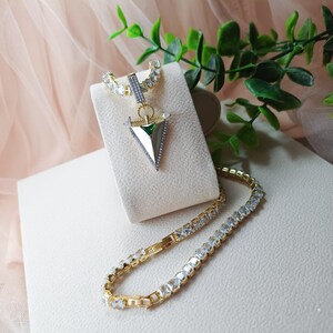 Gold Plated Tennis Chain Necklace: Green Stone Triangle Pendant