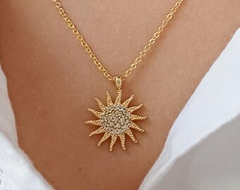 Dainty Sun Charm Necklace: Mixed Metal Celestial Pendant, Handmade in Turkey