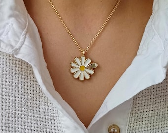 Gold Tone Daisy Necklace: White Enamel Floral Pendant, Handmade