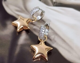 Two-Tone Star Drop Hoop Earrings: Stainless Steel Rhinestone Hoops