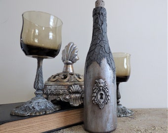 Repurposed Bottle Gargoyle Keyhole Distressed Fantasy Altered Bottle Decorative Bottle Gothic Mixed Media
